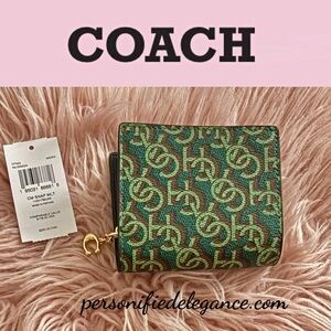 NEW Coach Green Multi Monogram Print Coated Canvas Leather Small Snap Wallet
